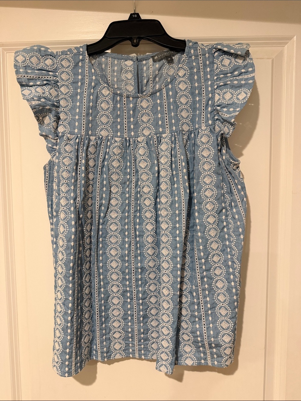 Elliott Lauren Dusty Blue and White Embroidered Top
